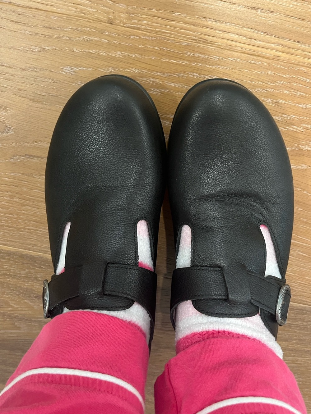 Alegria Black Leather Slip-On Clog with Buckle Strap